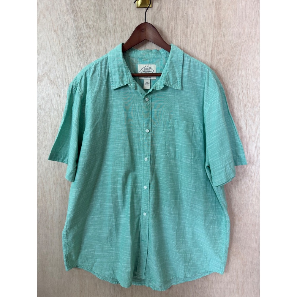St. Johns Bay Mens XXL Classic Fit Short Sleeve Button Down Shirt Teal Green